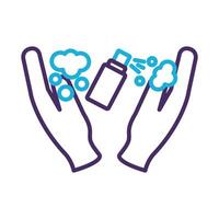 hands using disinfectant spray bottle product line style vector