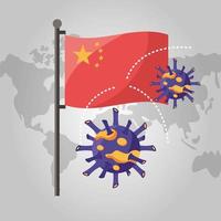 world planet earth with covid 19 particles and china flag vector