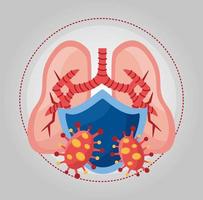 covid 19 particles and lungs with shield vector