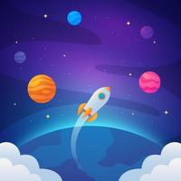 Rocket Flying into Space with Stars and Planets vector