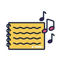 notebook with music notes line and fill style vector