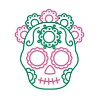 traditional mexican skull head with flowers line style vector