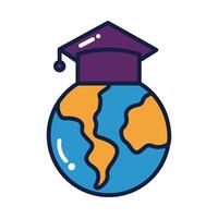 world planet earth school and graduation hat line and fill style vector