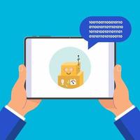 Hands holding black tablet device isolated on blue background Pad tablet in human hands chat bot icon and popped chat bubble above flat design vector illustration Pointer finger touch the screen