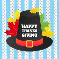 Feliz día de acción de gracias ilustración de vector de cartel de diseño de estilo plano con gran sombrero, texto y hojas de otoño. pavo con sombrero y plumas de colores celebran las fiestas