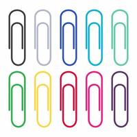 Multi colored office paper clip flat style vector illustration set isolated on white background