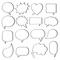 16 Speech bubbles flat style design another shapes without texts hand drawn comic cartoon style set vector illustration isolated on white background. Round, cloud, square, heart, rectangle shapes etc.