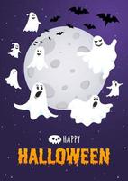 Happy Halloween text postcard banner with ghosts scary face, night sky vector