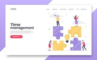 Business internet landing page concept template. Creative business people with big jigsaw puzzle pieces. vector