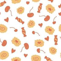 Cartoon style doodle seamless pattern of cookies, candies and cherries vector