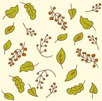 Vector pattern of bright red ripe berries and delicate green leaves