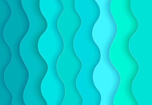 Abstract green, soft blue wave layers with drop shadows in paper cut style. Modern trendy gradient curve background. Origami design template. Vector illustration