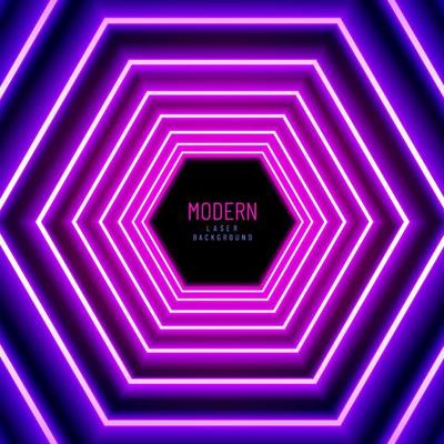 Abstract glowing magenta blue neon lights line background. Perspective hexagon led concept.  Neon lights entrance or festival concept.