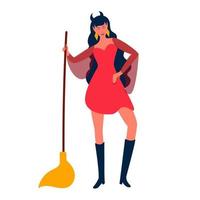 Beautiful witch with broom isolated on white background.Flat cartoon vector illustration. Design for Halloween, Costume party