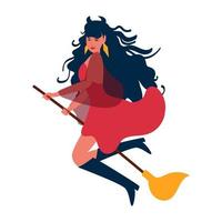 A beautiful witch is flying on a broomstick, isolated on a white background.Flat cartoon vector illustration. Design for Halloween