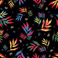 Vector illustration of bright multicolored leaves of tropical plants forming seamless pattern on black background