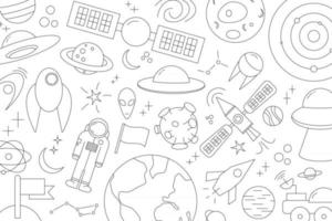 Modern pattern of planet star comet with different rockets Universe line drawings Cosmos vector