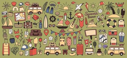 A large set with things for traveling to the mountains and the sea. Set of travel things on vacation. Summer collection. Vector line icon. Editable stroke. Doodle style.