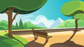 Summer park on background of forest and mountains. vector