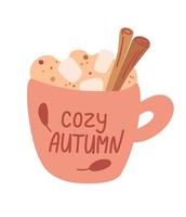 Mug with autumn drink with marshmallow and cinnamon. Hot drink. Autumn and winter holidays. Coffee, cocoa, cappuccino, and marshmallows. Drink with cinnamon and whipped cream. Vector illustration