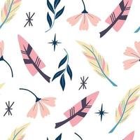 Seamless pattern with feathers. Wallpaper in boho style. Indian aztec geometric feathers  and flowers background. For wallpaper, web page background, greeting cards, fabric printing. Vector