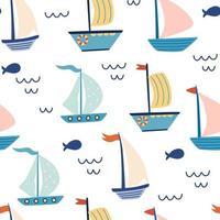 patrón sin fisuras con barcos de vela. fondo marino. lindo patrón marino para tela, ropa infantil, fondo, textiles, papel de regalo y otras decoraciones. ilustración de dibujos animados de vector