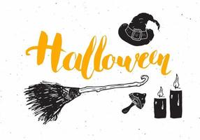 Halloween greeting card. Lettering calligraphy sign and hand drawn elements, party invitation or holiday banner design vector illustration