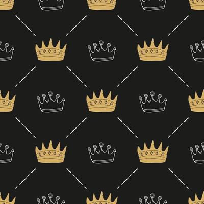 Crown Seamless Pattern, hand drawn royal doodles background, Vector Illustration