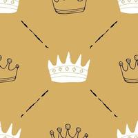 Crown Seamless Pattern, hand drawn royal doodles background, Vector Illustration