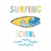Surf boards hand drawn sketch t-shirt print design, surfing school typography, Summer vintage retro badge template, vector illustration