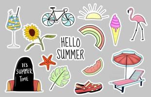 Colorful Hand drawn summer element stickers collection vector