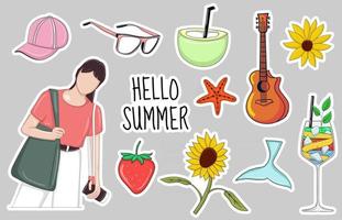 Colorful Hand drawn summer element stickers collection vector