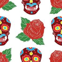 Día de los muertos de patrones sin fisuras, calaveras de azúcar dibujadas a mano y fondo de rosas, ilustración vectorial vector