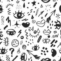 Seamless pattern with hand drawn sketched doodle elements eyes and lips, abstract background. Typography design print, vector illustration