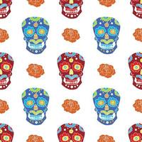 Day of the Dead seamless pattern, handdrawn sugar skulls and roses background, vector illustration