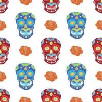 Día de los muertos de patrones sin fisuras, calaveras de azúcar dibujadas a mano y fondo de rosas, ilustración vectorial vector