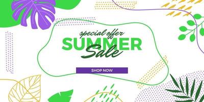 Summer sale offer banner promotion with tropical abstract leaves memphis ornament decoration vector