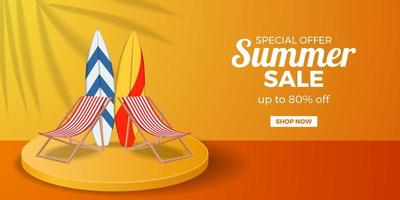 Oferta de venta de verano promoción de banner con silla plegable relax y tabla de surf en la exhibición del producto del podio del cilindro con fondo naranja vector