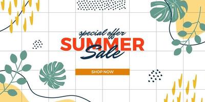 Summer sale offer banner promotion with tropical abstract leaves memphis ornament decoration vector