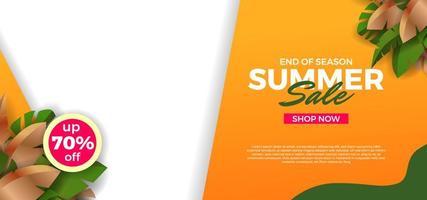 Summer sale offer banner with green tropical leaves decoration template vector