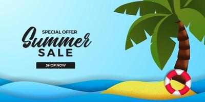 Oferta de venta de verano plantilla de banner con isla de playa de arena con palmera de coco y fondo azul vector