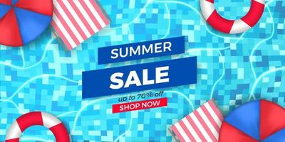 Summer sale offer banner promotion with pool top view illustration flat lay relax vector