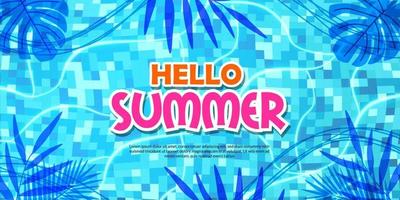 hello summer banner poster pool illustration flat lay relax tropical leaves shadow vector