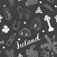 Ireland Sketch Doodles Seamless Pattern. Irish Elements with flag and map of Ireland, Celtic Cross, Castle, Shamrock, Celtic Harp, Mill and Sheep, Whiskey Bottles and Irish Beer, Vector Illustration