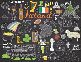 Ireland Sketch Doodles. Hand Drawn Irish Elements Set with flag and map of Ireland, Celtic Cross, Castle, Shamrock, Celtic Harp, Mill and Sheep, Whiskey Bottles and Irish Beer, Vector Illustration