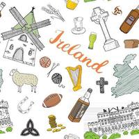 Ireland Sketch Doodles Seamless Pattern. Irish Elements with flag and map of Ireland, Celtic Cross, Castle, Shamrock, Celtic Harp, Mill and Sheep, Whiskey Bottles and Irish Beer, Vector Illustration