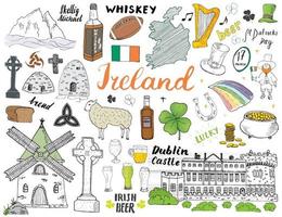 Ireland Sketch Doodles. Hand Drawn Irish Elements Set with flag and map of Ireland, Celtic Cross, Castle, Shamrock, Celtic Harp, Mill and Sheep, Whiskey Bottles and Irish Beer, Vector Illustration