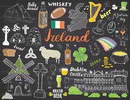 Ireland Sketch Doodles. Hand Drawn Irish Elements Set with flag and map of Ireland, Celtic Cross, Castle, Shamrock, Celtic Harp, Mill and Sheep, Whiskey Bottles and Irish Beer, Vector Illustration