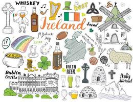 Ireland Sketch Doodles. Hand Drawn Irish Elements Set with flag and map of Ireland, Celtic Cross, Castle, Shamrock, Celtic Harp, Mill and Sheep, Whiskey Bottles and Irish Beer, Vector Illustration