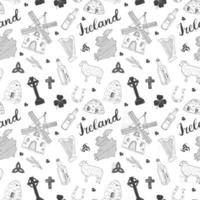 Ireland Sketch Doodles Seamless Pattern. Irish Elements with flag and map of Ireland, Celtic Cross, Castle, Shamrock, Celtic Harp, Mill and Sheep, Whiskey Bottles and Irish Beer, Vector Illustration